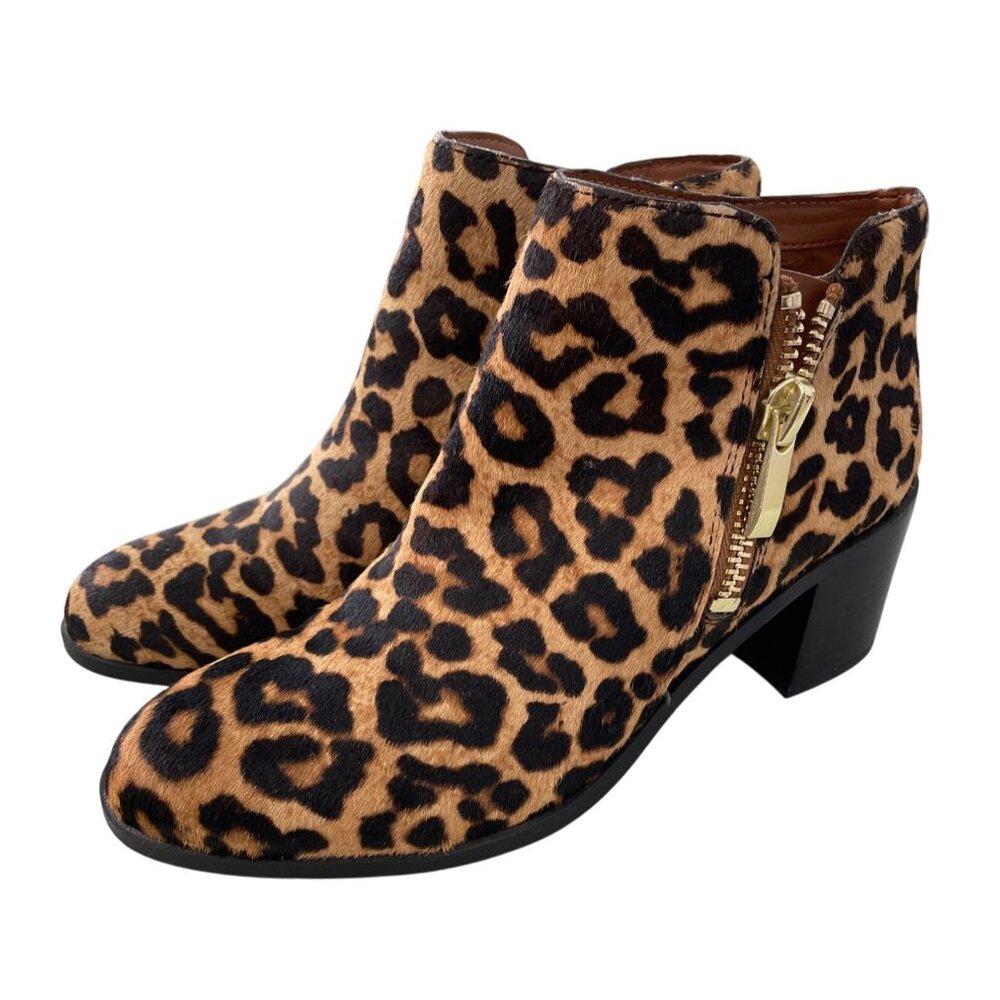 Franco Sarto Boots Size 7.5 Leopard Real Fur Ankle Almond Toe Tan Black Animal